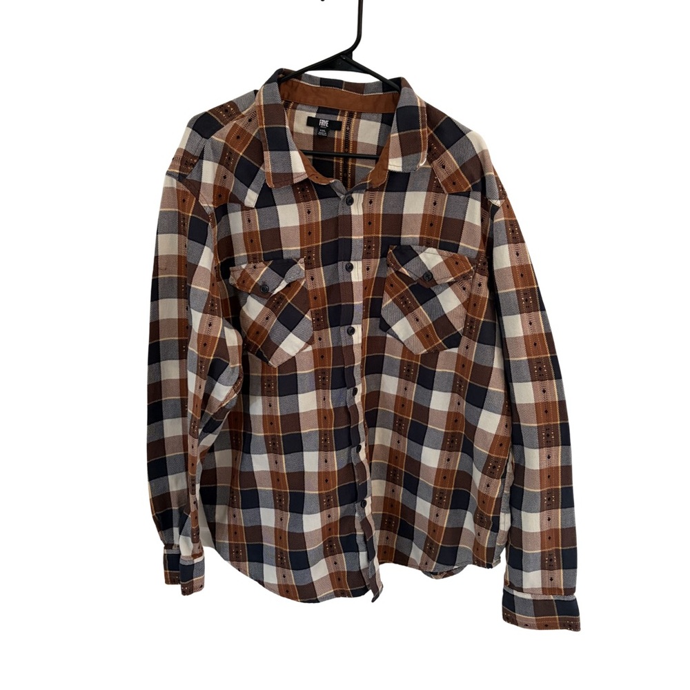 Frye Men’s Plaid Button Down Shirt XXL Brown‎ Navy 100% Cotton